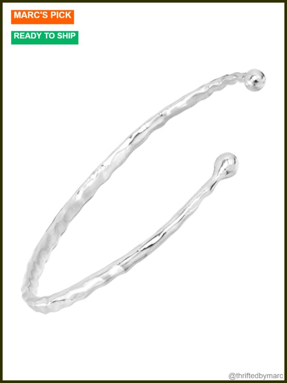 Hammered Sterling Silver Cuff Bracelet Tapered Beaded Caps Slip-On